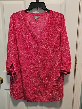 Catherines Plus Size 0X Pink Paisley Print Blouse Tie Sleeve 3/4 Sleeve Top
